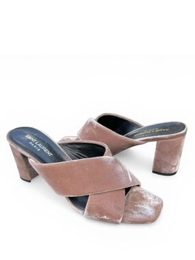 Saint Laurent Loulou Velvet Sandals Pink Crossover Strap Block Heel Mules Womens